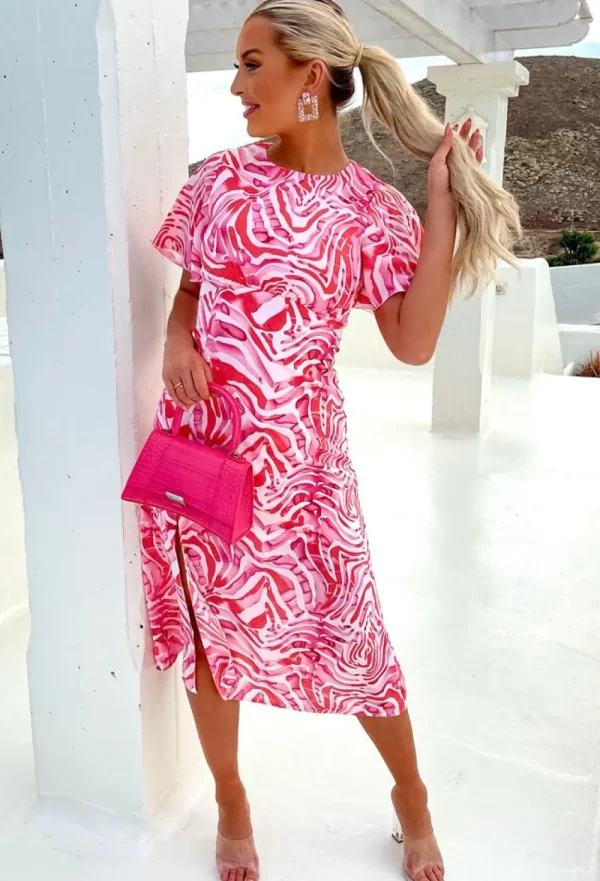 VJK Adelaide Pink Short Sleeve Printed Midi Dress<Women Summer Dresses