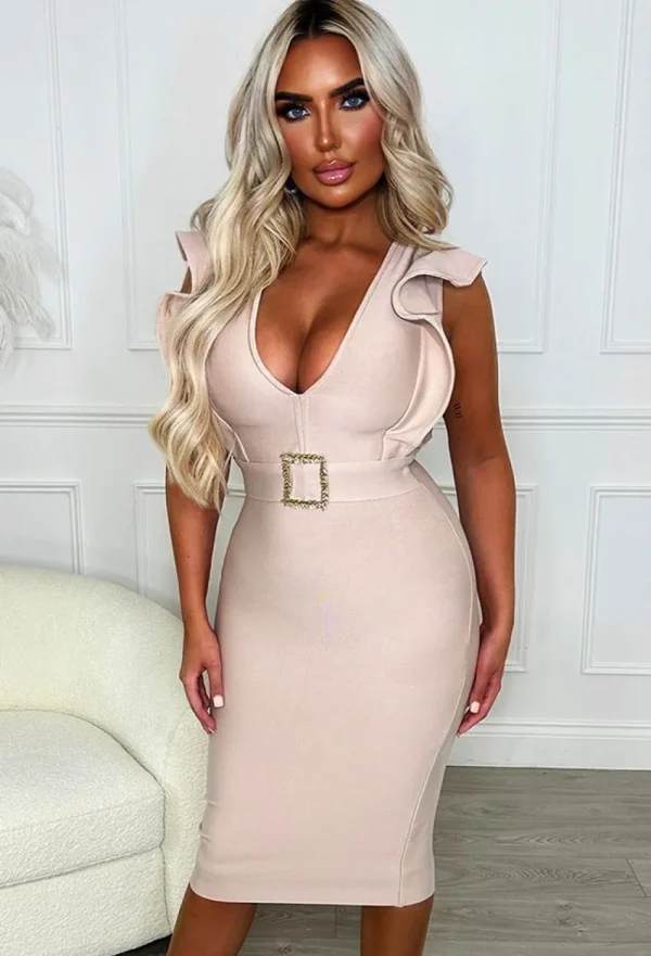 FP u0026 CO Admire Me Nude Sleeveless Ruffle Buckle Detail Bandage Dress<Women Bandage