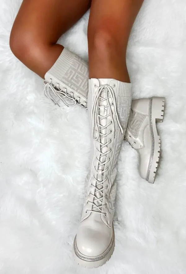 ERYNN SHOES All Time Favourite Cream Textured Ankle Knee Boot<Women Boots