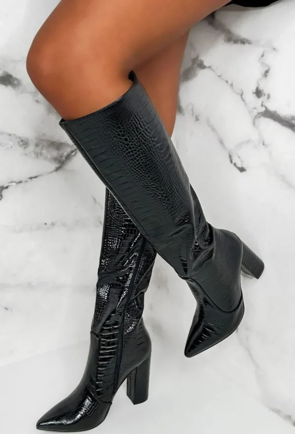 STEPHAN All You Want Black Croc Knee Boot With Block Heel<Women Boots