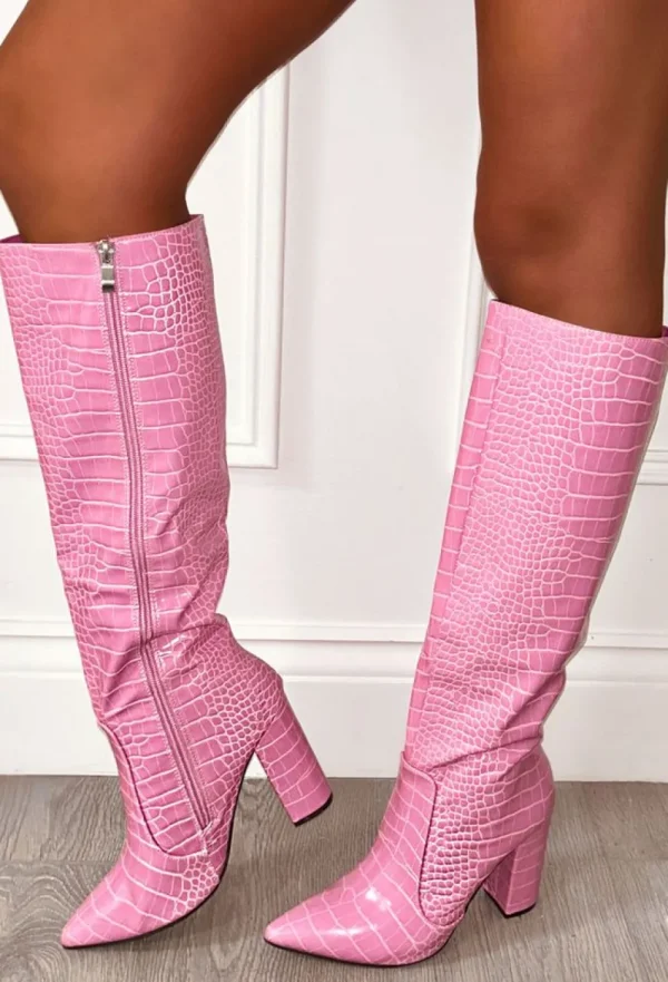 STEPHAN All You Want Pink Croc Effect Knee High Block Heel Boots<Women High Heels