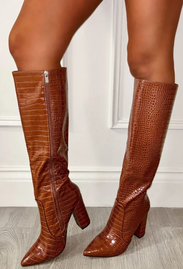 STEPHAN All You Want Tan Croc Knee Boot With Block Heel<Women High Heels