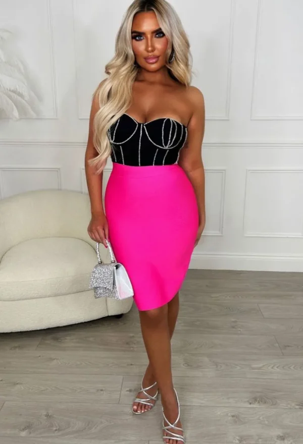 FP u0026 CO Always A Flirt Hot Pink Premium Diamante Detail Stretch Bandage Dress<Women Bandage