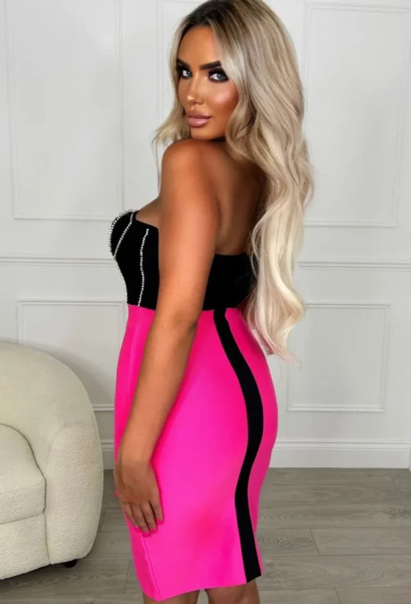 FP u0026 CO Always A Flirt Hot Pink Premium Diamante Detail Stretch Bandage Dress<Women Bandage