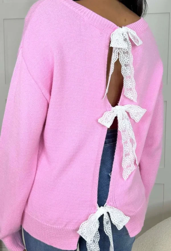 FLAMONT ROSE Always A Statement Pink Lace Bow Jumper<Women Tops