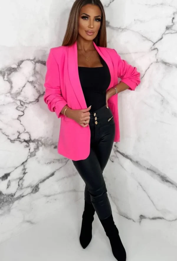 PINK BOUTIQUE UK Always Iconic Hot Pink Shawl Ruched Sleeve Blazer<Women Coats And Jackets