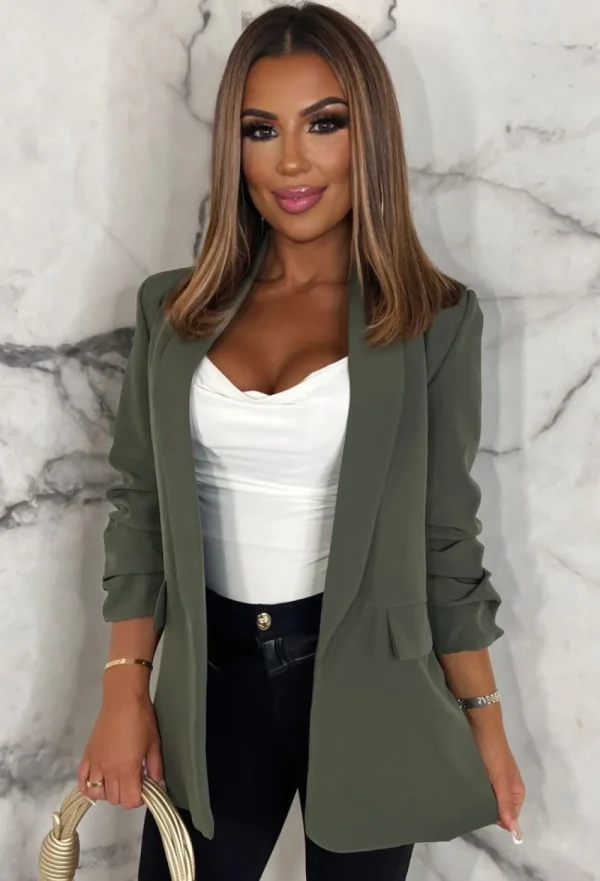 J5 FASHION Always Iconic Khaki Shawl Ruched Sleeve Blazer<Women Coats And Jackets