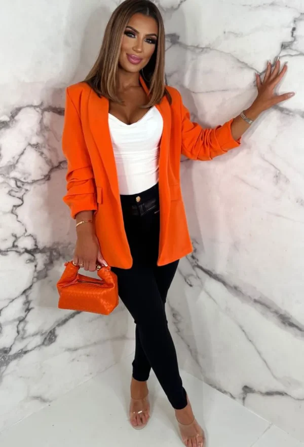 J5 FASHION Always Iconic Orange Shawl Ruched Sleeve Blazer<Women Coats And Jackets