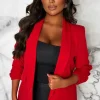 J5 FASHION Always Iconic Red Shawl Ruched Sleeve Blazer<Women Coats And Jackets