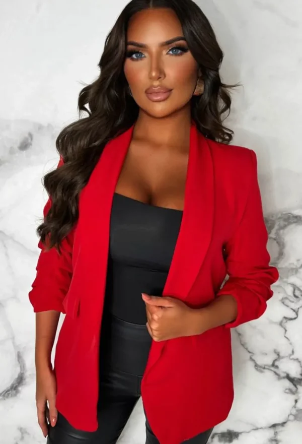 J5 FASHION Always Iconic Red Shawl Ruched Sleeve Blazer<Women Coats And Jackets