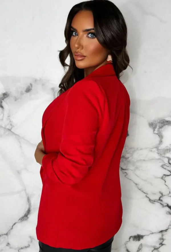 J5 FASHION Always Iconic Red Shawl Ruched Sleeve Blazer<Women Coats And Jackets