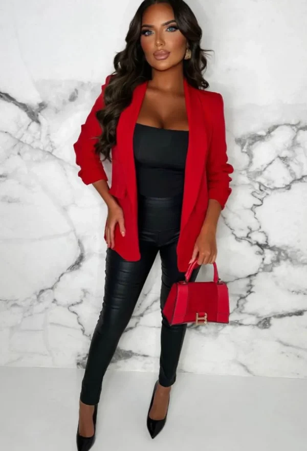 J5 FASHION Always Iconic Red Shawl Ruched Sleeve Blazer<Women Coats And Jackets