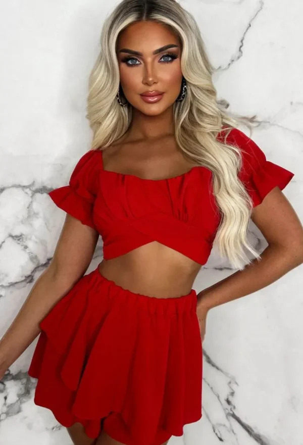 INFINITY Always Pretty Red Frill Skort Milkmaid Top Tie Waist Co-Ord Outfit Set<Women Co-Ords