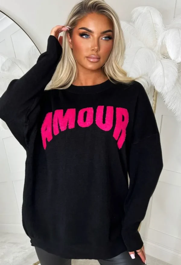 MOOCCI Amour Chic Black Slogan Soft Jumper<Women Tops