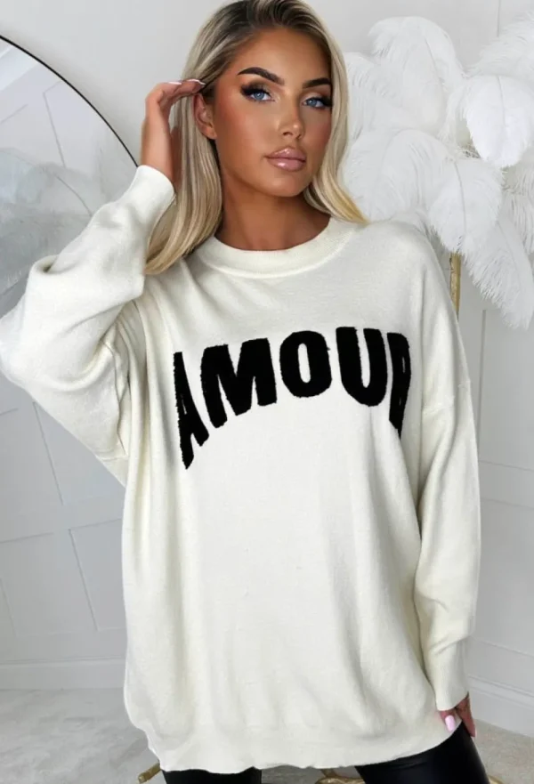 MOOCCI Amour Chic Cream Slogan Soft Jumper<Women Tops