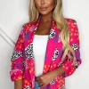 J5 Fashion Aspects Of Love Hot Pink Shawl Neck Ruched Sleeve Printed Blazer<Women Blazers