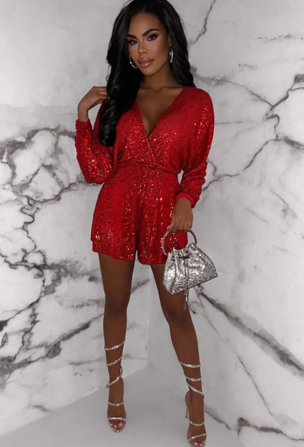 INFINITY At The Club Red Sequin Stretch Playsuit<Women Playsuits