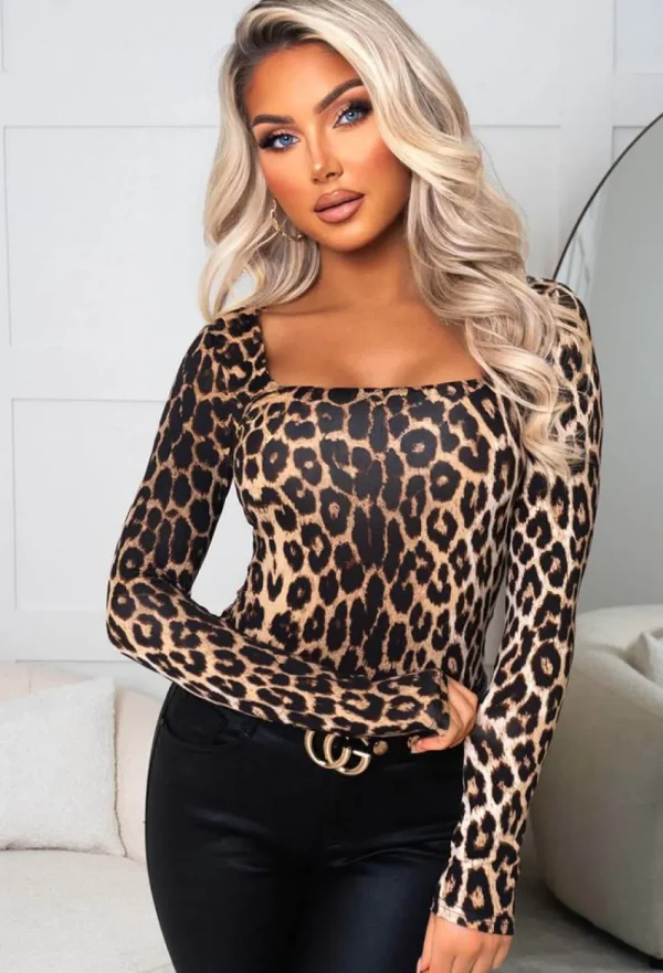 By Swan Babe Forever Brown Leopard Print Square Neck Long Sleeve Top<Women Tops