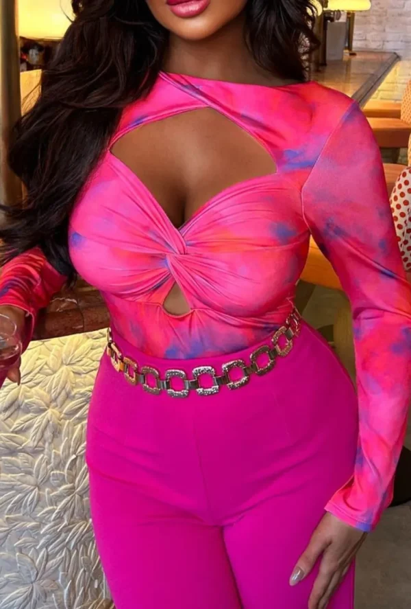 INFINITY Baddie Mode Hot Pink Marble Print Cut Out Bodysuit<Women Tops