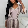 HNATALIE Be Sultry Taupe Lace Trim Padded Cup Cami Night Dress And Robe Set<Women Nightwear