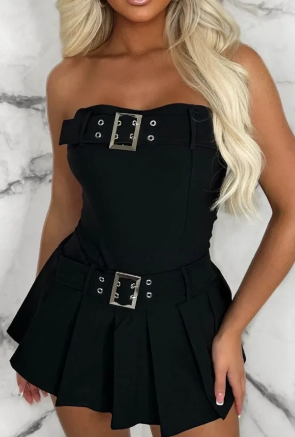 STYLEWISE Belted Babe Black Bandeau Stretch Pleated Skort Playsuit<Women Playsuits