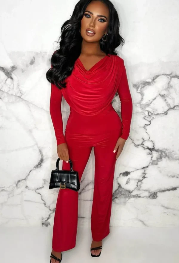 STYLEWISE Beyond Chic Red Cowl Neck Long Sleeve Double Layer Two Piece Loungewear Set<Women Loungewear