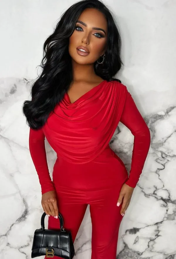 STYLEWISE Beyond Chic Red Cowl Neck Long Sleeve Double Layer Two Piece Loungewear Set<Women Loungewear