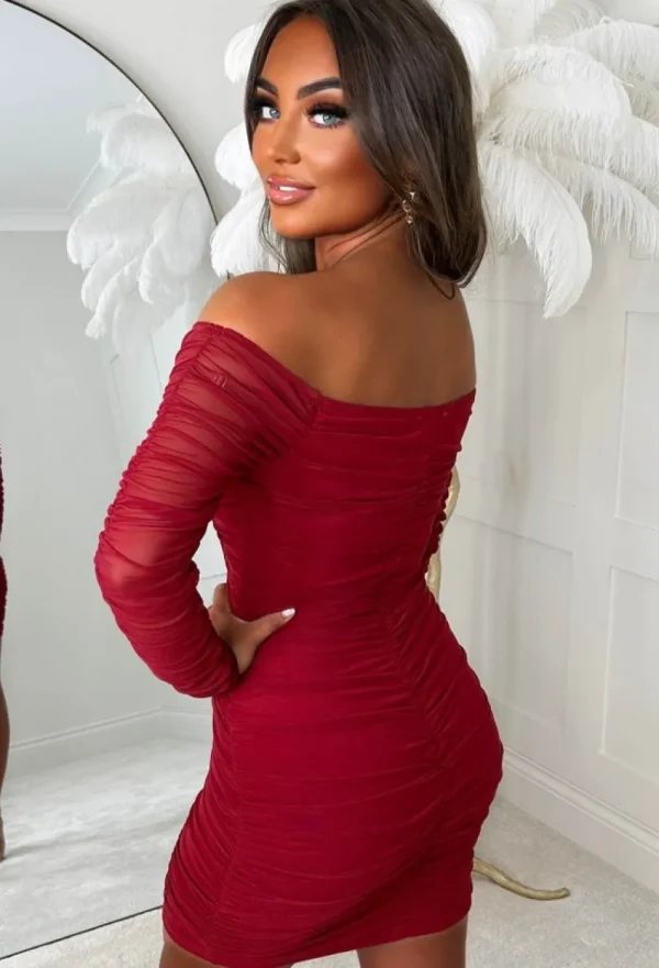 SOY u0026 CO Bijoux Red Mesh Long Sleeve Ruched Corset Mini Dress<Women Dresses