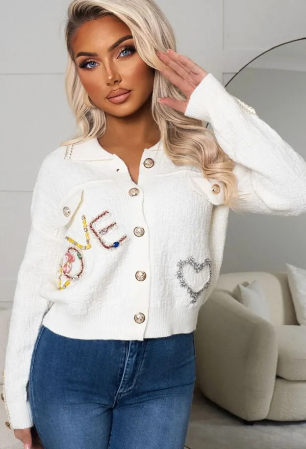 BY MAY Blissful Blossom Cream Love Embroidered Button Collar Cardigan<Women Tops