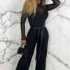 SOFT TOUCH Blissful Chic Black Mesh & Plain Wide Leg Belted Jumpsuit<Women Jumpsuits