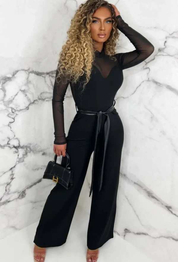 SOFT TOUCH Blissful Chic Black Mesh & Plain Wide Leg Belted Jumpsuit<Women Jumpsuits