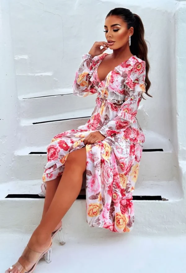 GOLDEN DAYS Blooming Bouquet White Long Sleeve Cut Out Side Floral Dress<Women Summer Dresses