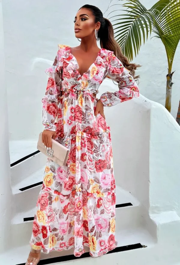 GOLDEN DAYS Blooming Bouquet White Long Sleeve Cut Out Side Floral Dress<Women Summer Dresses