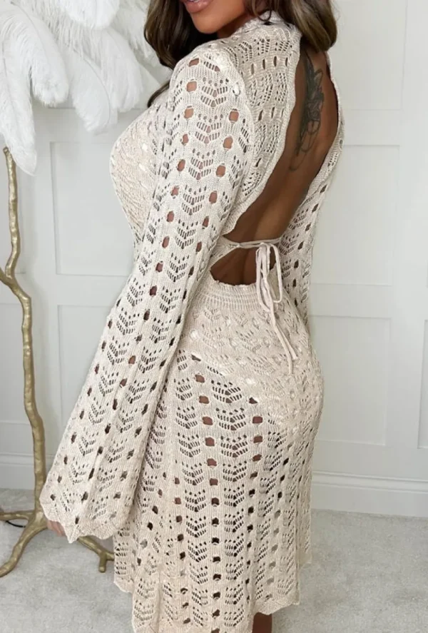 LUCCE Boho Bliss Beige Crochet Backless Flared Sleeve Knitted Mini Dress<Women Swimwear