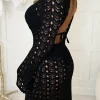 LUCCE Boho Bliss Black Crochet Backless Flared Sleeve Knitted Mini Dress<Women Swimwear