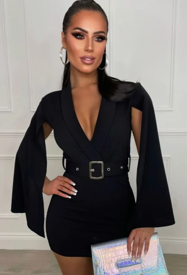 J5 FASHION Bold Moves Black Drape Sleeve Belted Playsuit<Women Playsuits