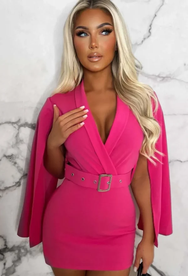 J5 FASHION Bold Moves Hot Pink Drape Sleeve Belted Playsuit<Women Playsuits