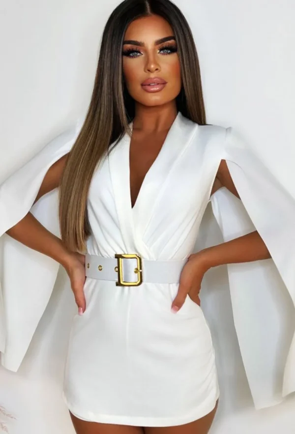 J5 FASHION Bold Moves White Drape Sleeve Belted Playsuit<Women Playsuits