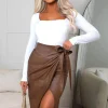 CATWALK FASHION Boutique Attire Camel Faux Leather Wrap Over Midi Skirt<Women Skirts