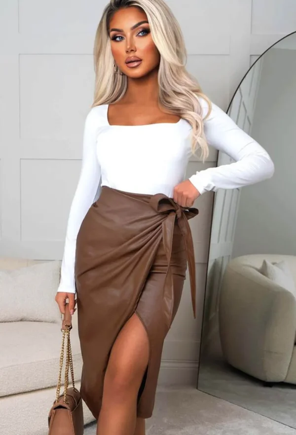 CATWALK FASHION Boutique Attire Camel Faux Leather Wrap Over Midi Skirt<Women Skirts