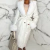 COPPEROSE Brief Encounter Cream Faux Fur Shawl Neck & Cuff Belted Coat<Women Coats And Jackets