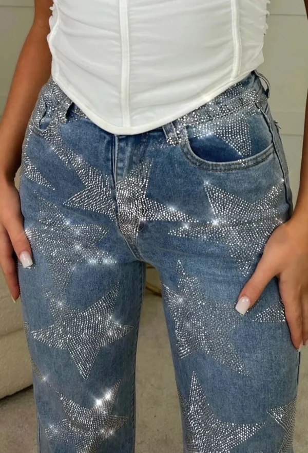 SOY u0026 CO Bright Star Mid Blue Silver Printed Stretch Flared Jeans<Women Trousers & Leggings