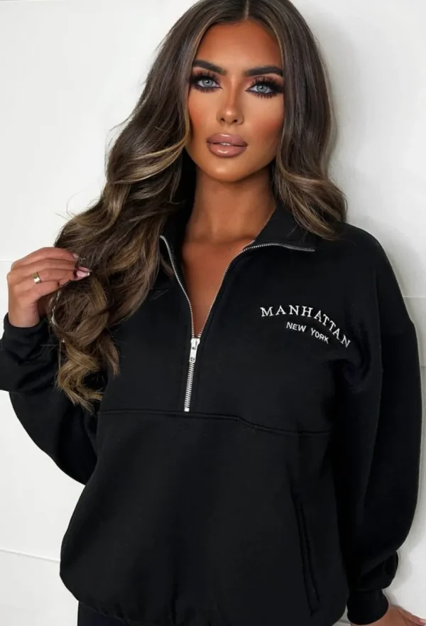 Stylewise Bring The Style Black Manhattan Embroidered Zip Sweatshirt<Women Loungewear