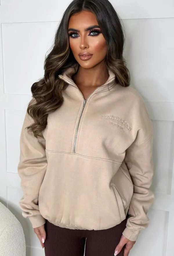 Stylewise Bring The Style Taupe Manhattan Embroidered Zip Sweatshirt<Women Loungewear