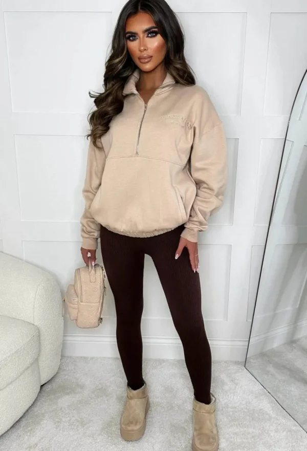 Stylewise Bring The Style Taupe Manhattan Embroidered Zip Sweatshirt<Women Loungewear