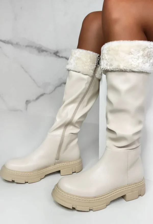 NO DOUBT Bringing The Style Cream Faux Fur Trim Knee Boots<Women Boots