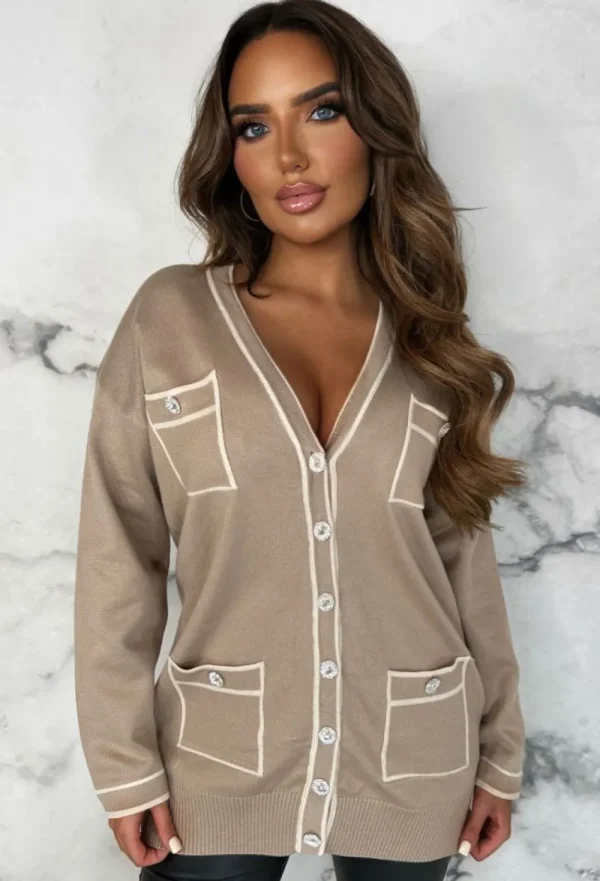 LUCCE Busy Schedule Beige Luxury Oversized Cardigan With Top Stitch Detail<Women Knitwear