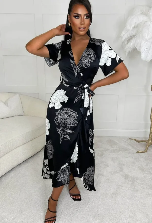 VJK Buy Me Flowers Monochrome Floral Print Wrap Midi Dress<Women Summer Dresses