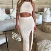 Soy u0026 Co Cabana Crush Beige Crochet Knitted Halterneck Maxi Skirt Co-Ord Set<Women Co-Ords