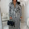 LILY WHITE Call Me Chic Monochrome Satin Shoulder Pad Striped Belted Midi Shirt Dress Limited Edition<Women Dresses